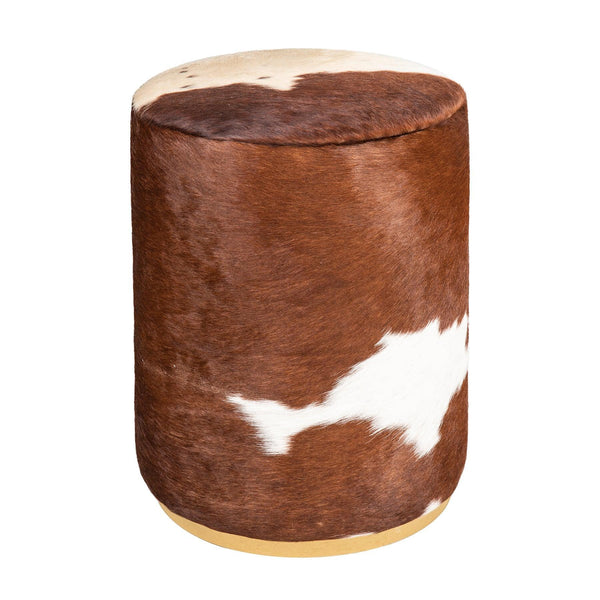 Cowhide Pouf Ottoman - Plush Cowhide Pouffe with Solid Bronze base