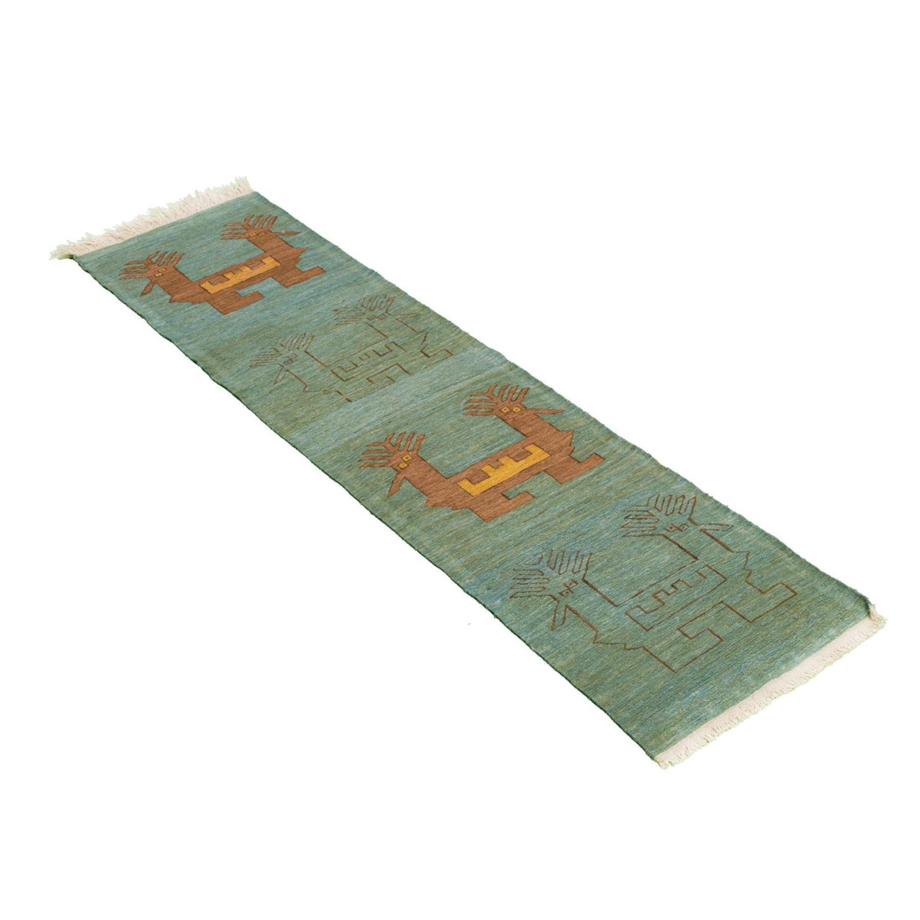 Khoroos Soumak Persian Carpet Wool 54x202 Green - Authentic Nomadic Rugs & Kilims in Dubai
