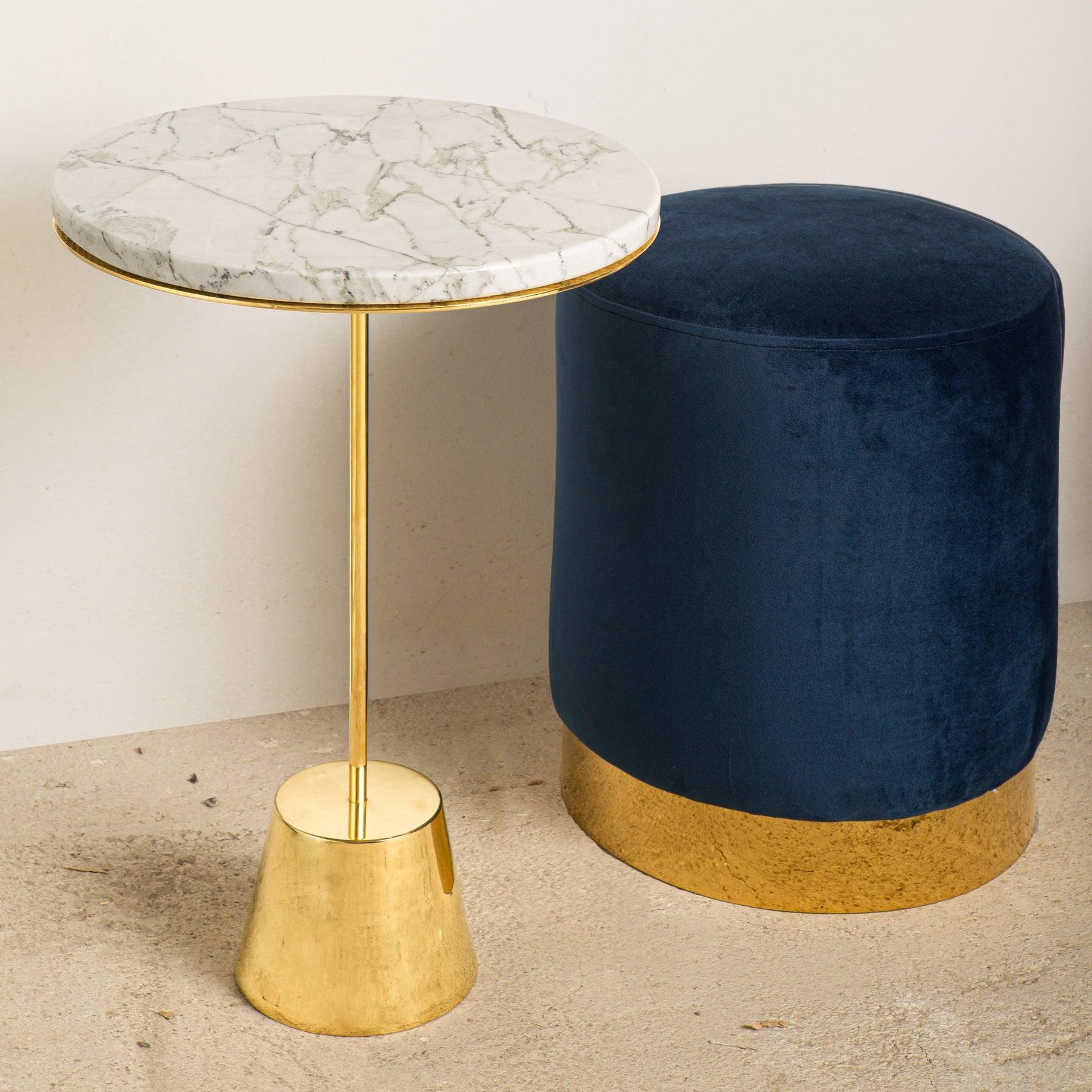 Royal Blue Round Microsuede Pouf With Bronze base