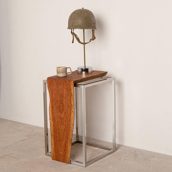 Side Table, Walnut Wood with Stainless Steel Base in Dubai
