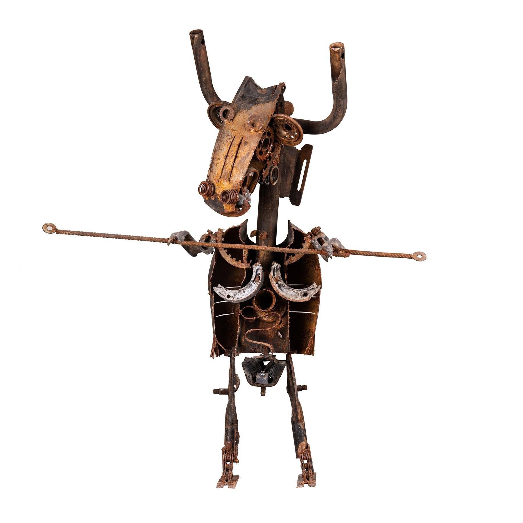 Warrior Bull Recycled Metal Sculpture, Contemporary Scrap Metal Statues & Artworks