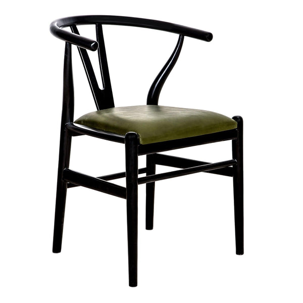 Wishbone Chair Black with Green Leather Seat - Designer Dining Room Chairs Dubai Interior Design